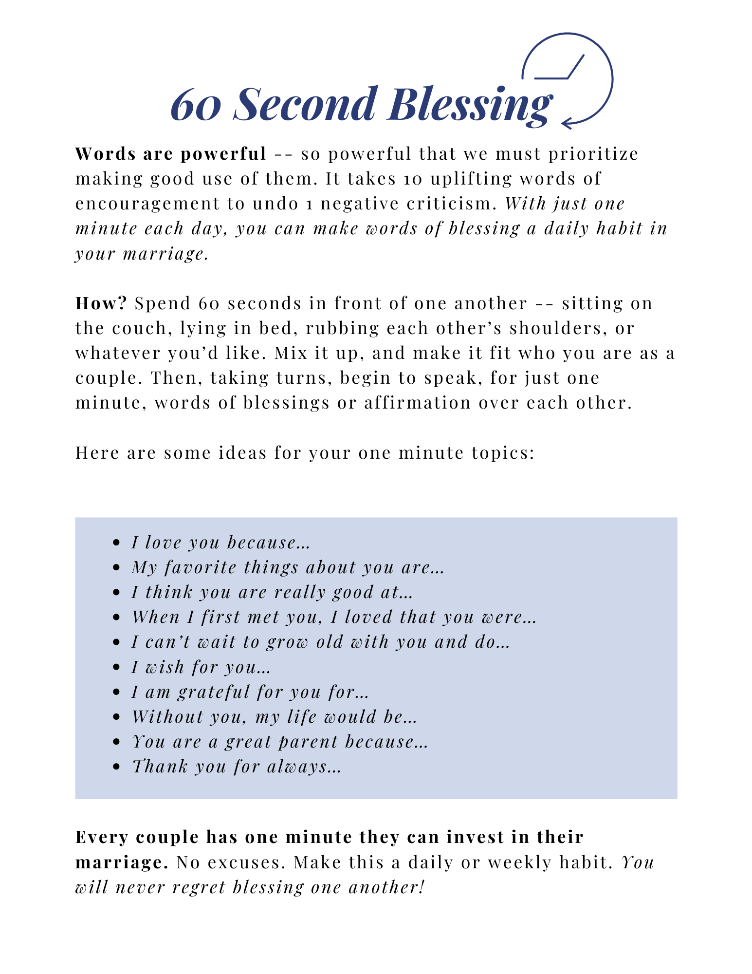 60 second blessings - Expedition Marriage - Christian marriage coach